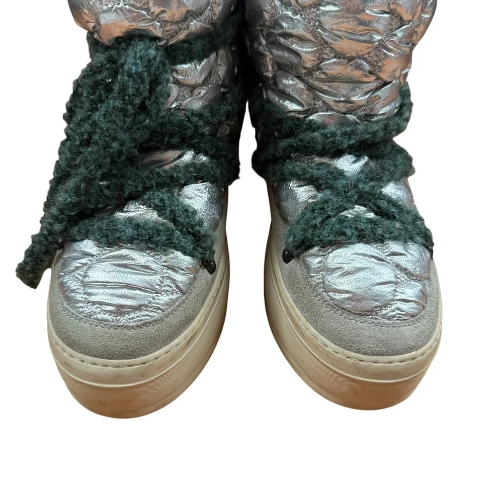 P448 Womens Silver Quilted Suede Platform Snow Boots Fur Lined Size 38